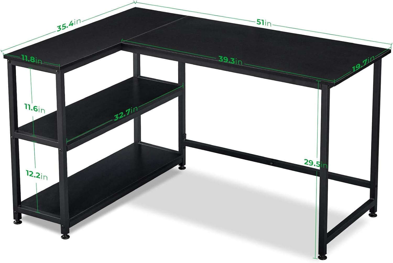Craques L shaped gaming desk with shelves in black metal frame and spacious surface