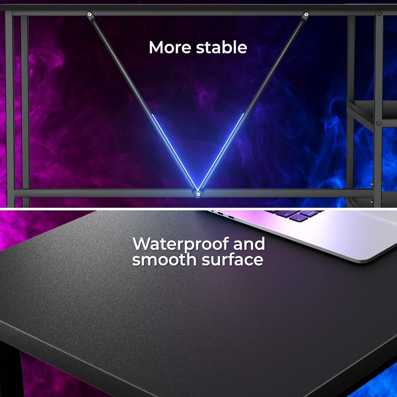 Close-up view of stable frame and waterproof smooth surface of L shaped gaming desk with shelves