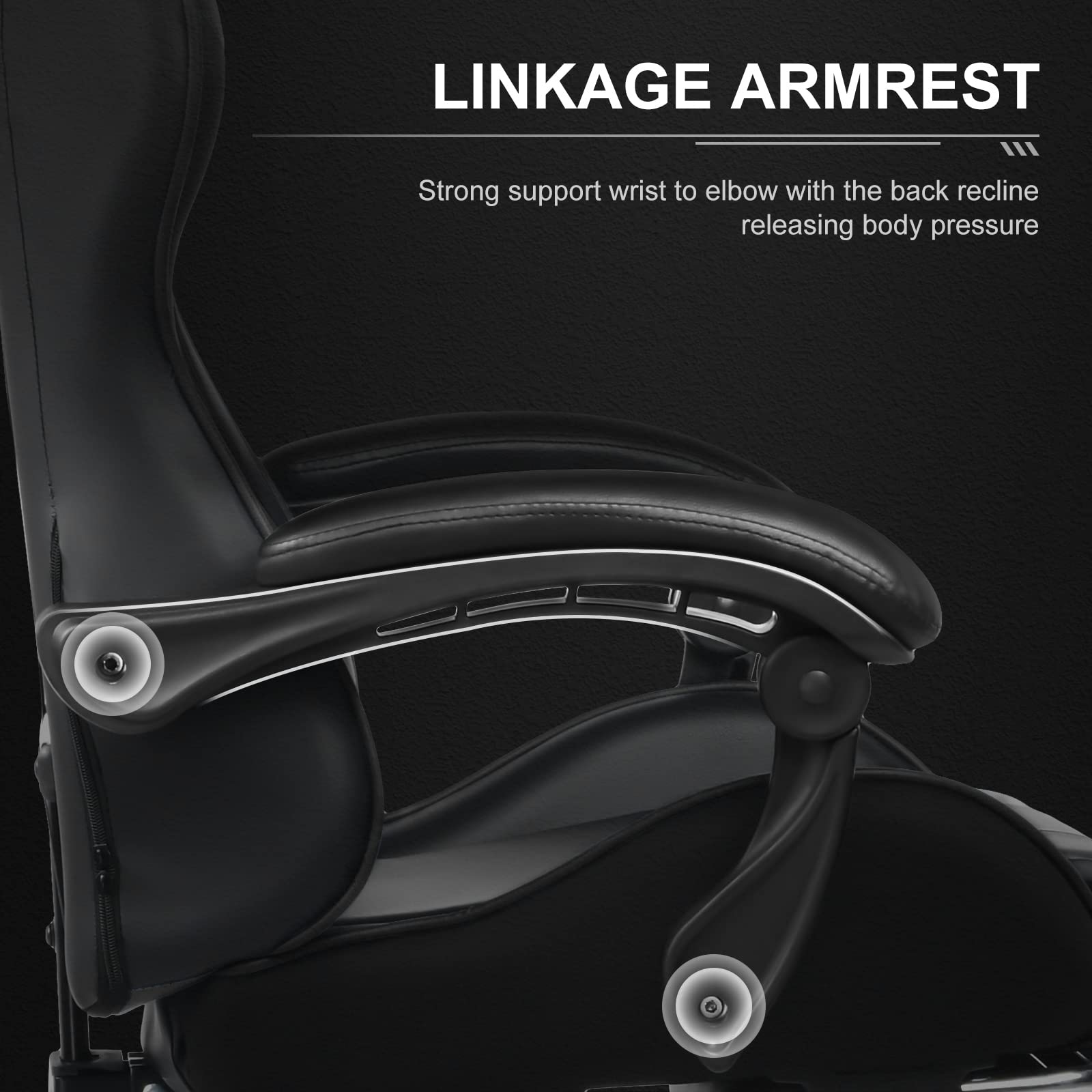 Close-up of linkage armrest on ergonomic gaming chair with footrest by craques showing wrist to elbow support