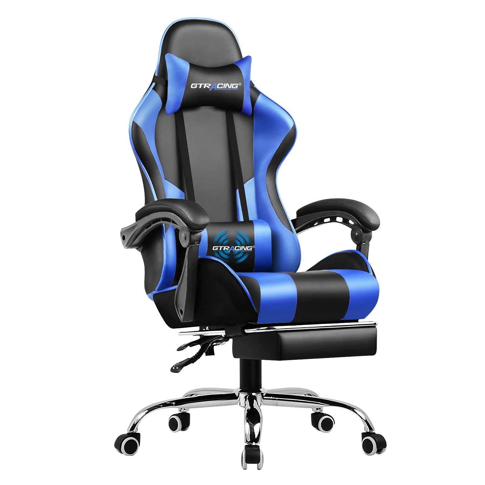 Ergonomic gaming chair with footrest in black and blue for comfortable long gaming sessions