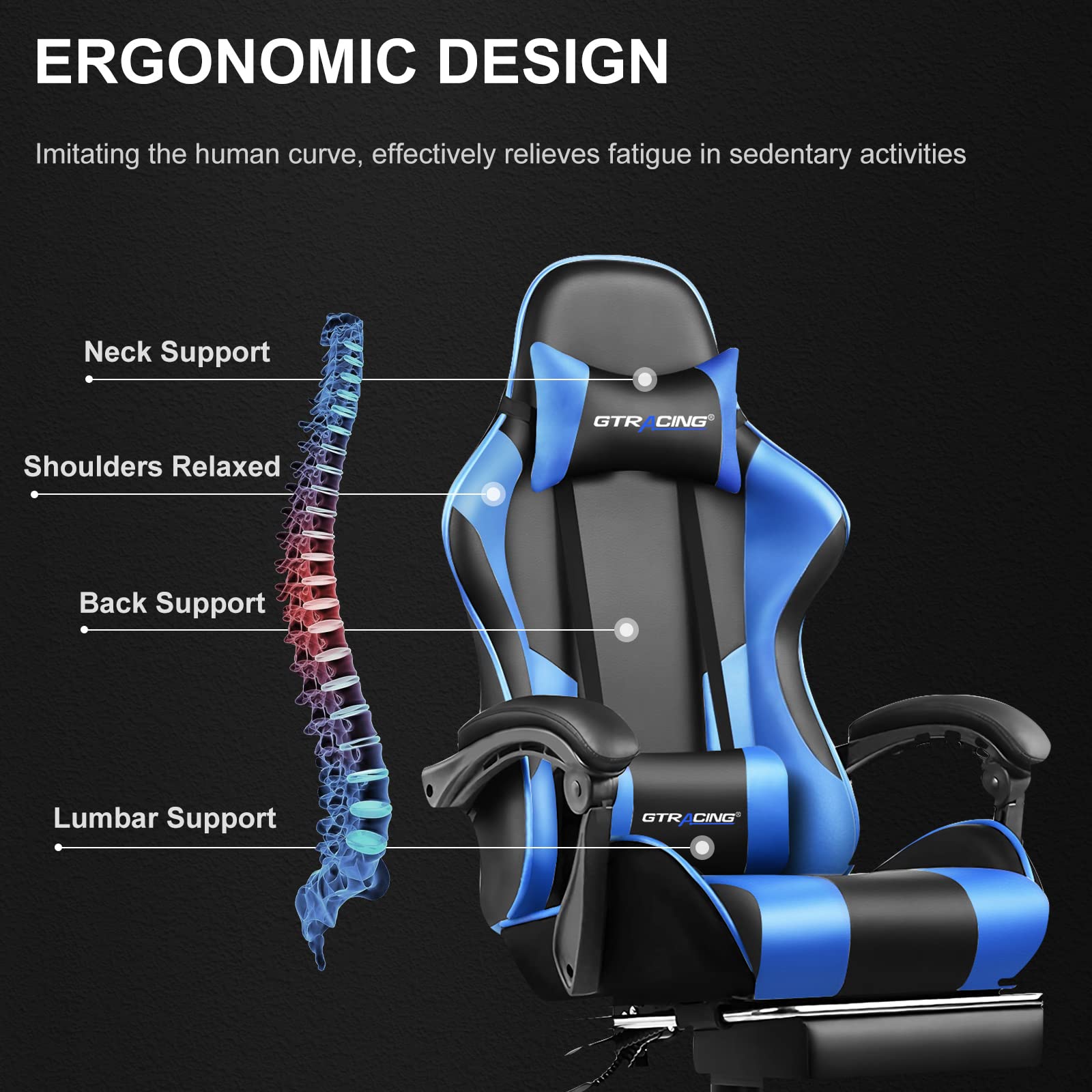 Ergonomic gaming chair with footrest by craques showing neck, back, lumbar support and relaxed shoulders features