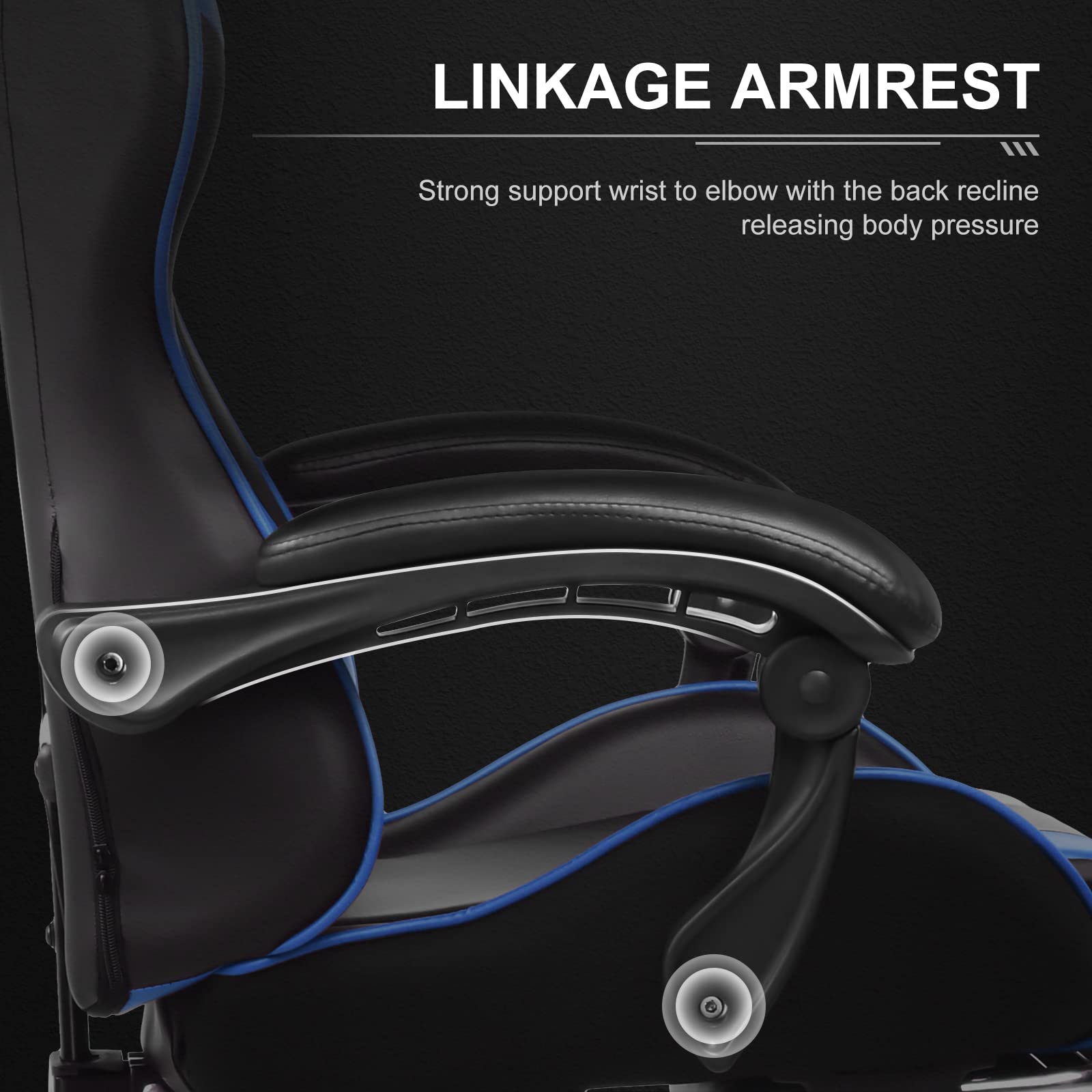 Close-up view of linkage armrest on ergonomic gaming chair with footrest by craques