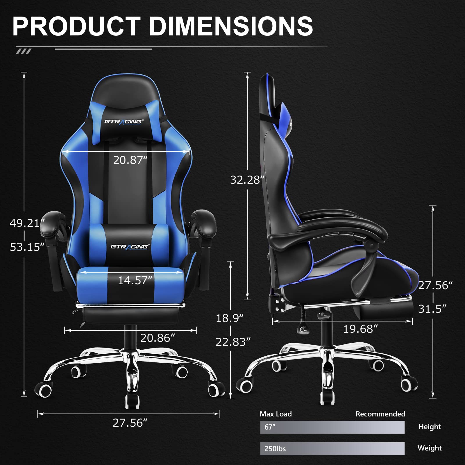 Ergonomic gaming chair with footrest by craques showing front and side views with detailed product dimensions