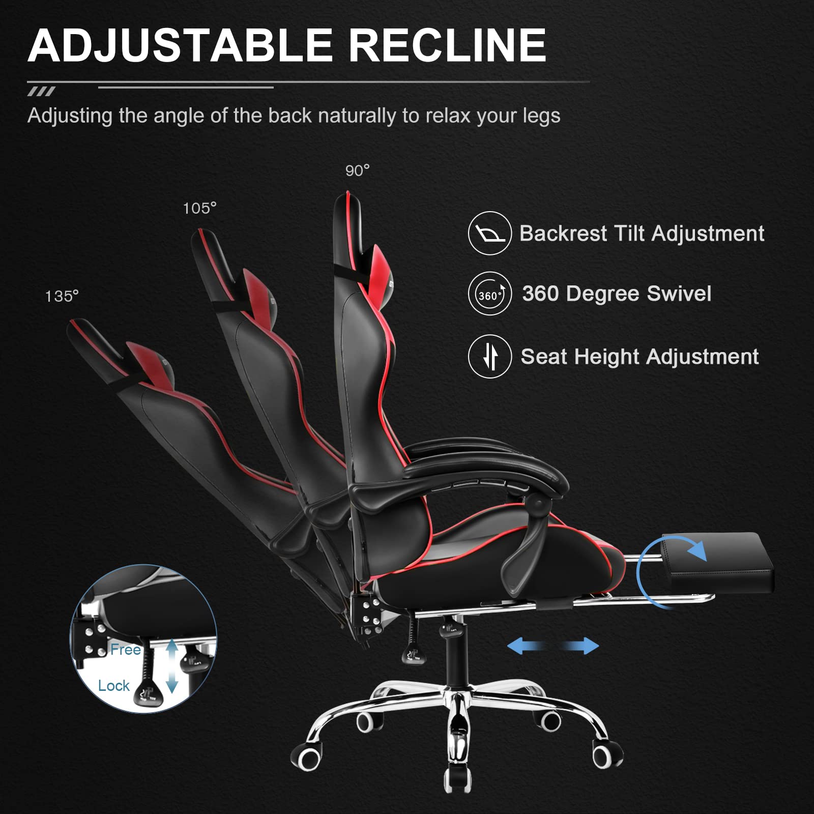 craques ergonomic gaming chair with footrest showing adjustable recline angles and features
