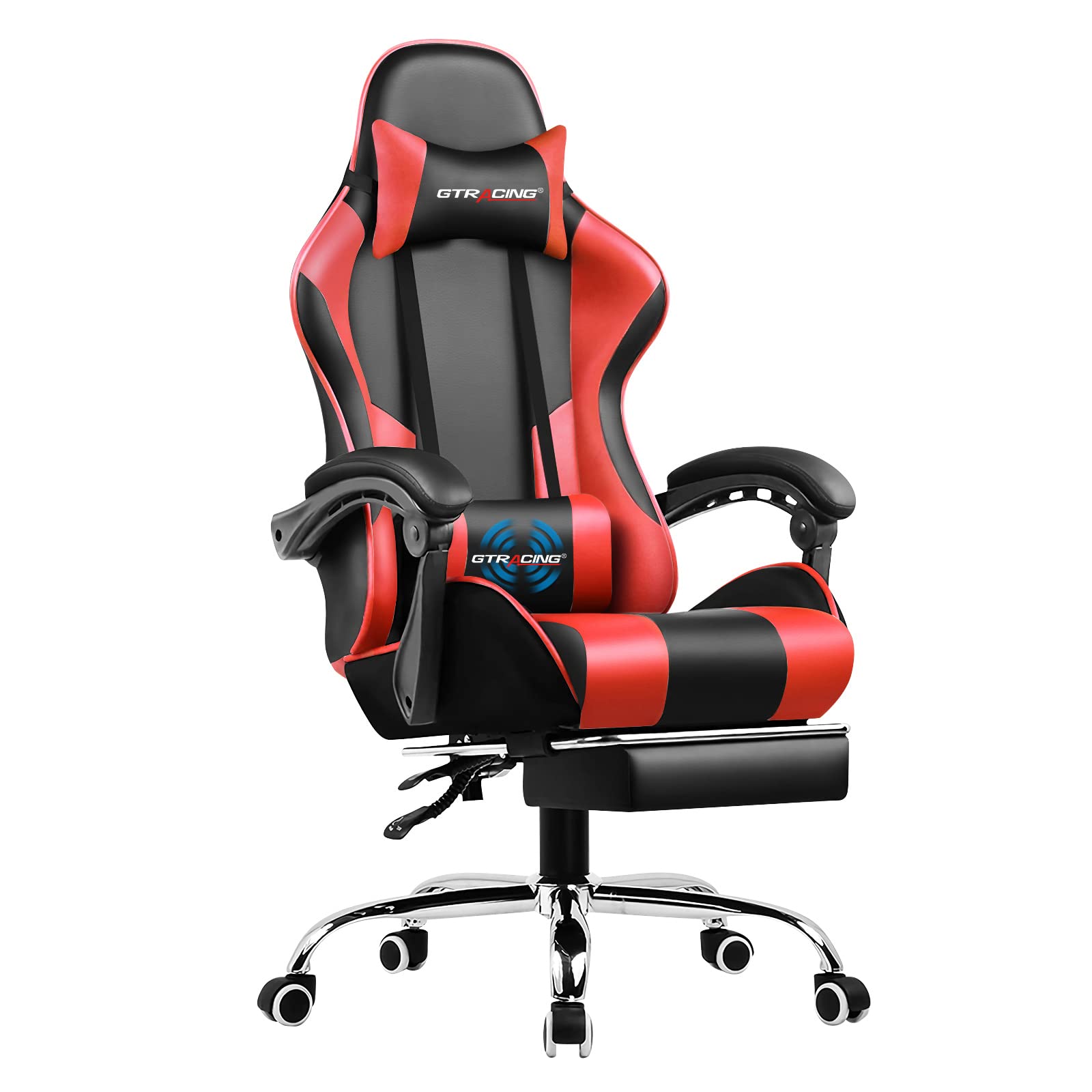 Ergonomic gaming chair with footrest in black and red by craques with adjustable armrests and lumbar support