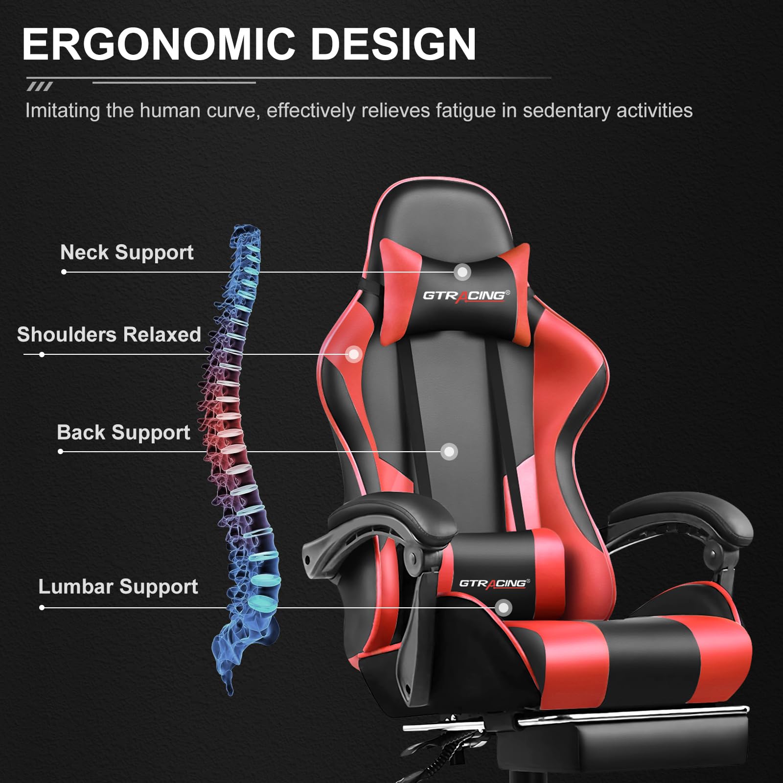 Ergonomic gaming chair with footrest in black and red highlighting neck shoulder back and lumbar support