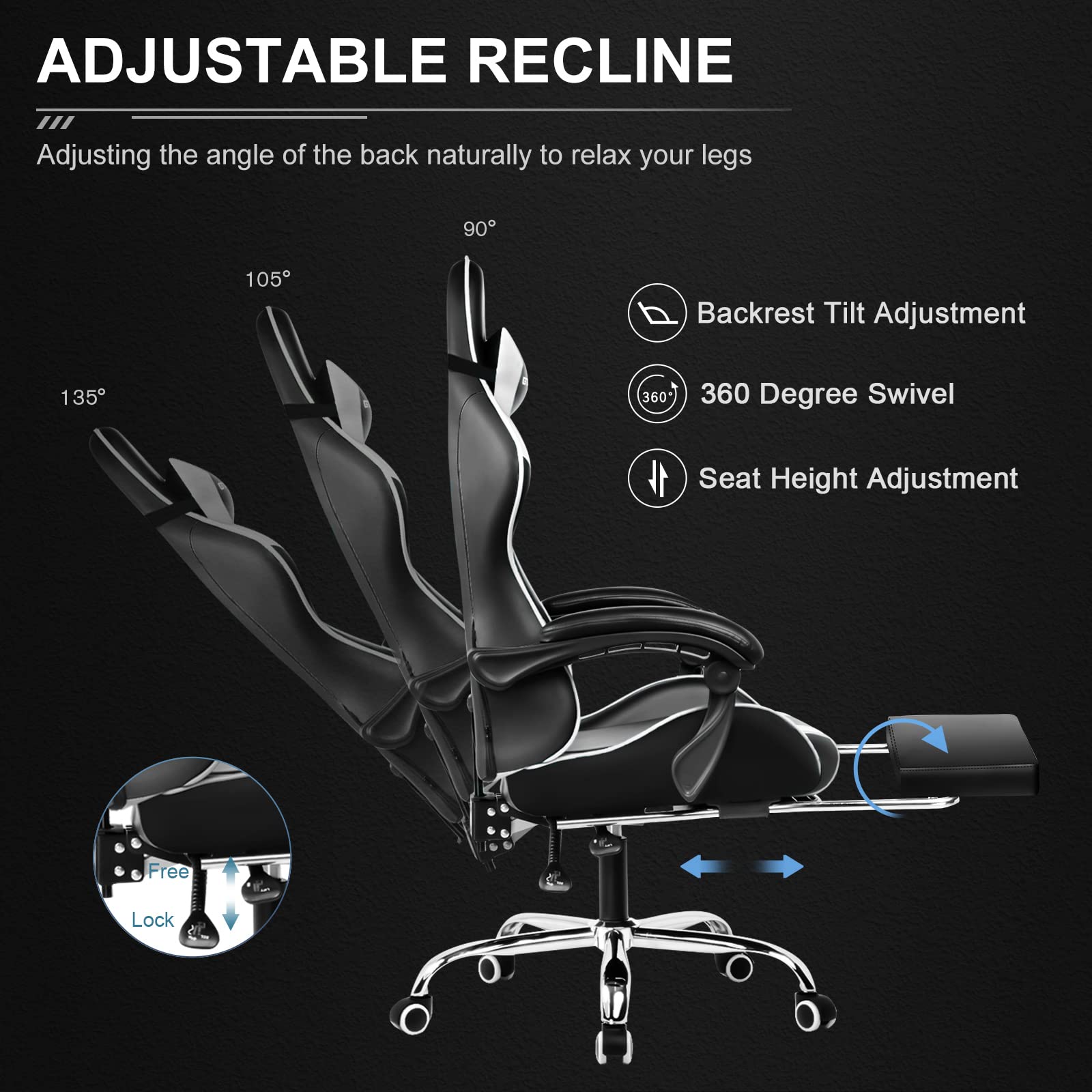 Ergonomic gaming chair with footrest showing adjustable recline angles 90 to 135 degrees with swivel and height adjustment