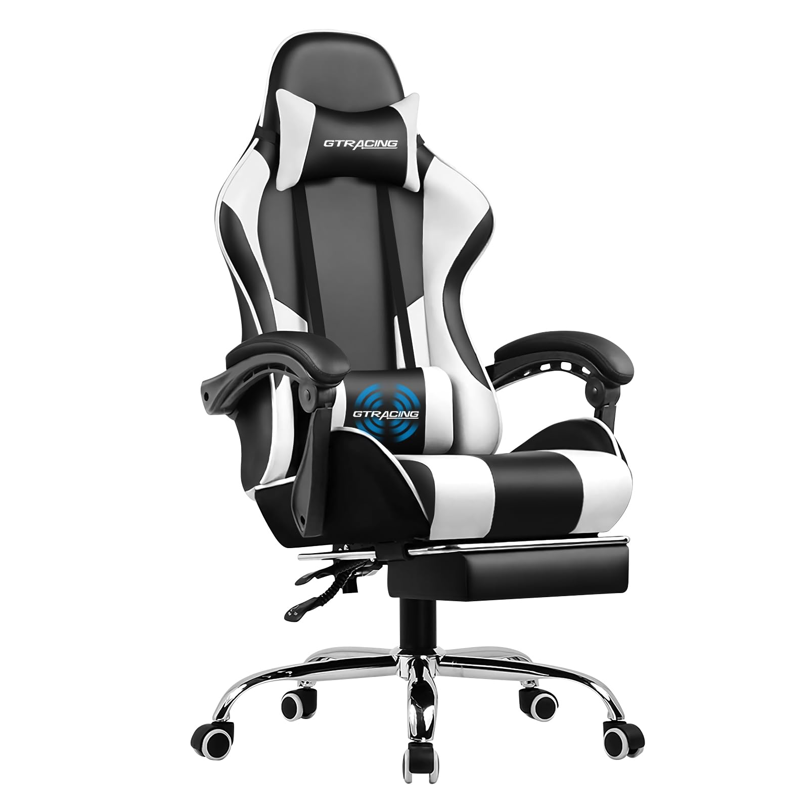 Ergonomic gaming chair with footrest in black and white by craques with adjustable armrests and lumbar support