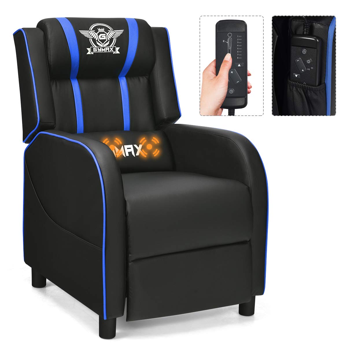 Black and blue massage gaming recliner chair with remote control and lumbar massage feature