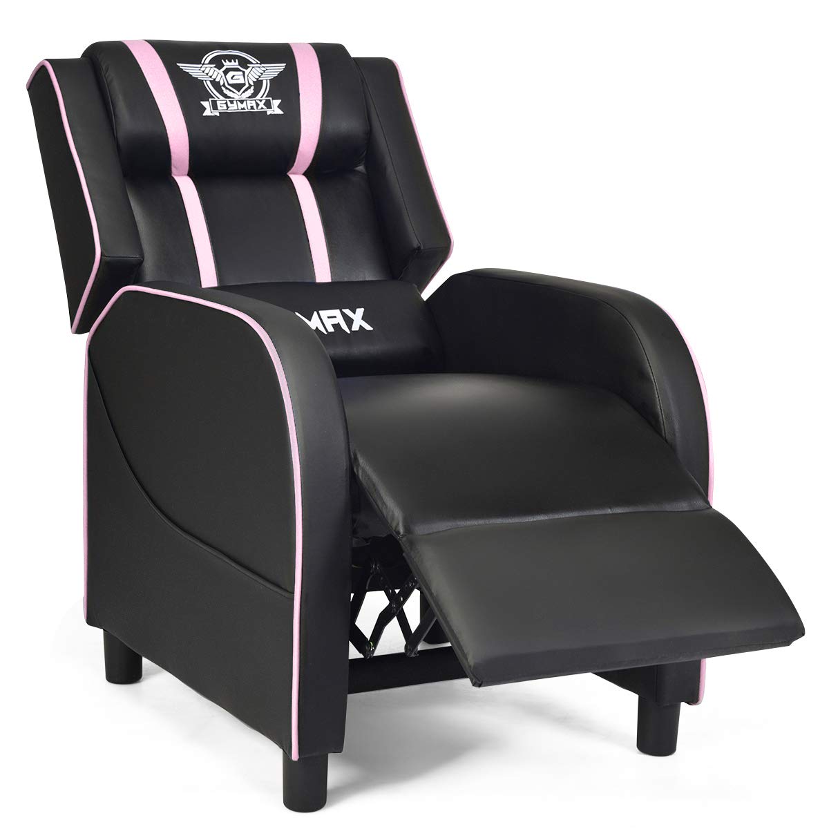 Craques black and pink massage gaming recliner chair with padded armrests and extended footrest