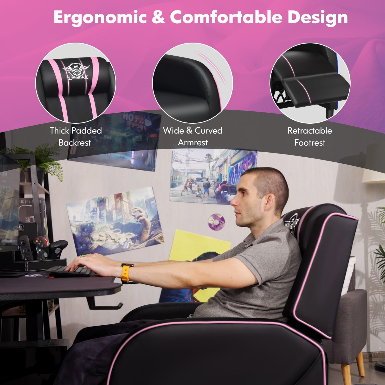 Man sitting in a massage gaming recliner chair with thick padded backrest wide armrests and retractable footrest