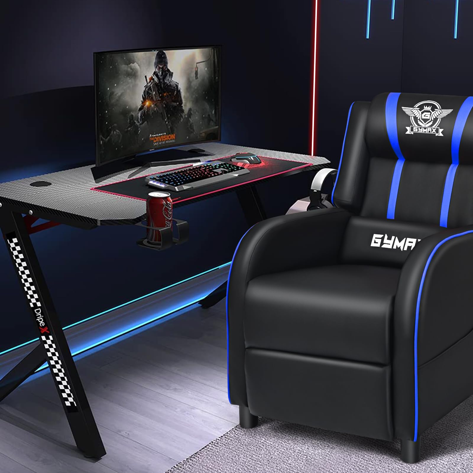 Craques black and blue massage gaming recliner chair next to a modern gaming desk setup