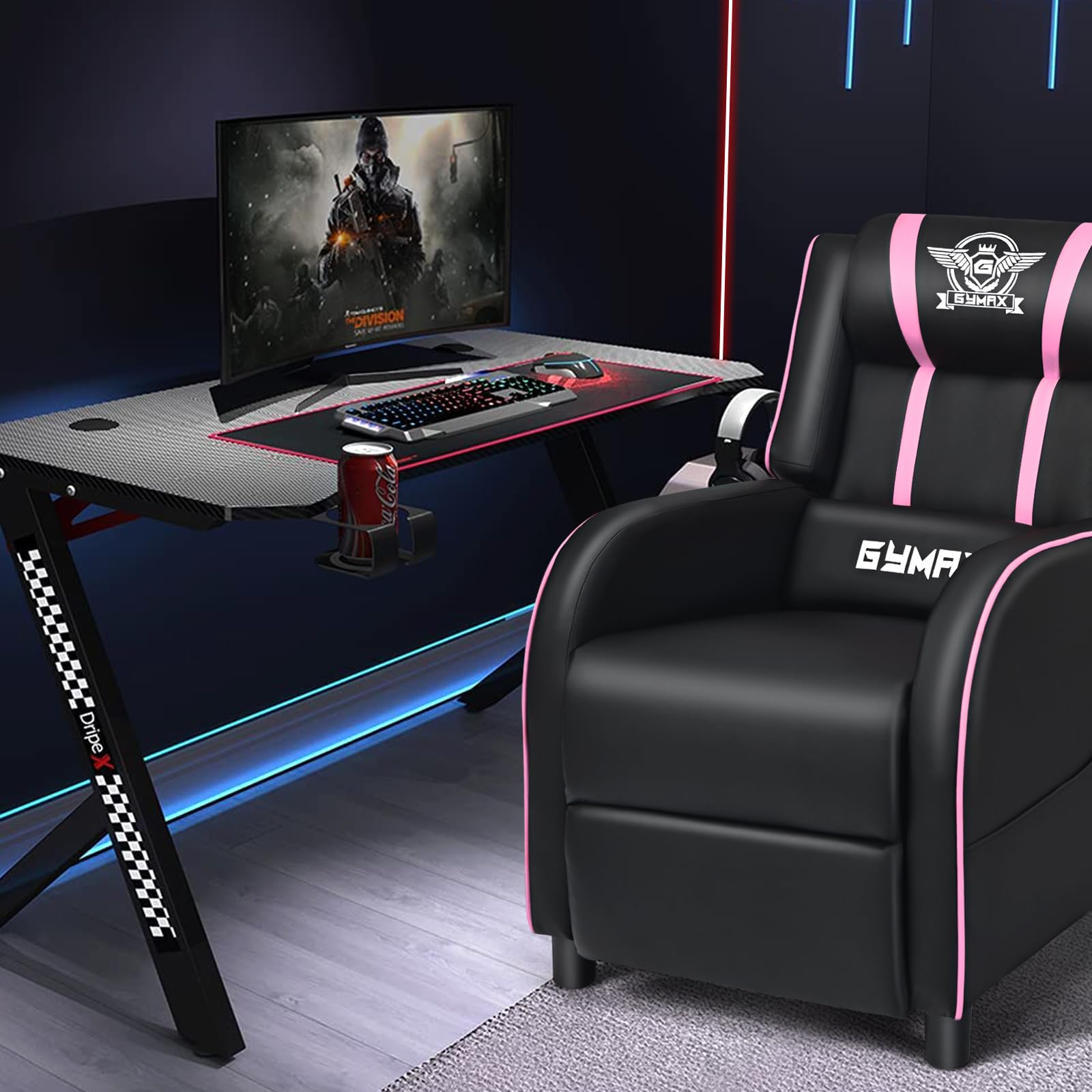 Craques massage gaming recliner chair in black with pink stripes next to a gaming desk and monitor