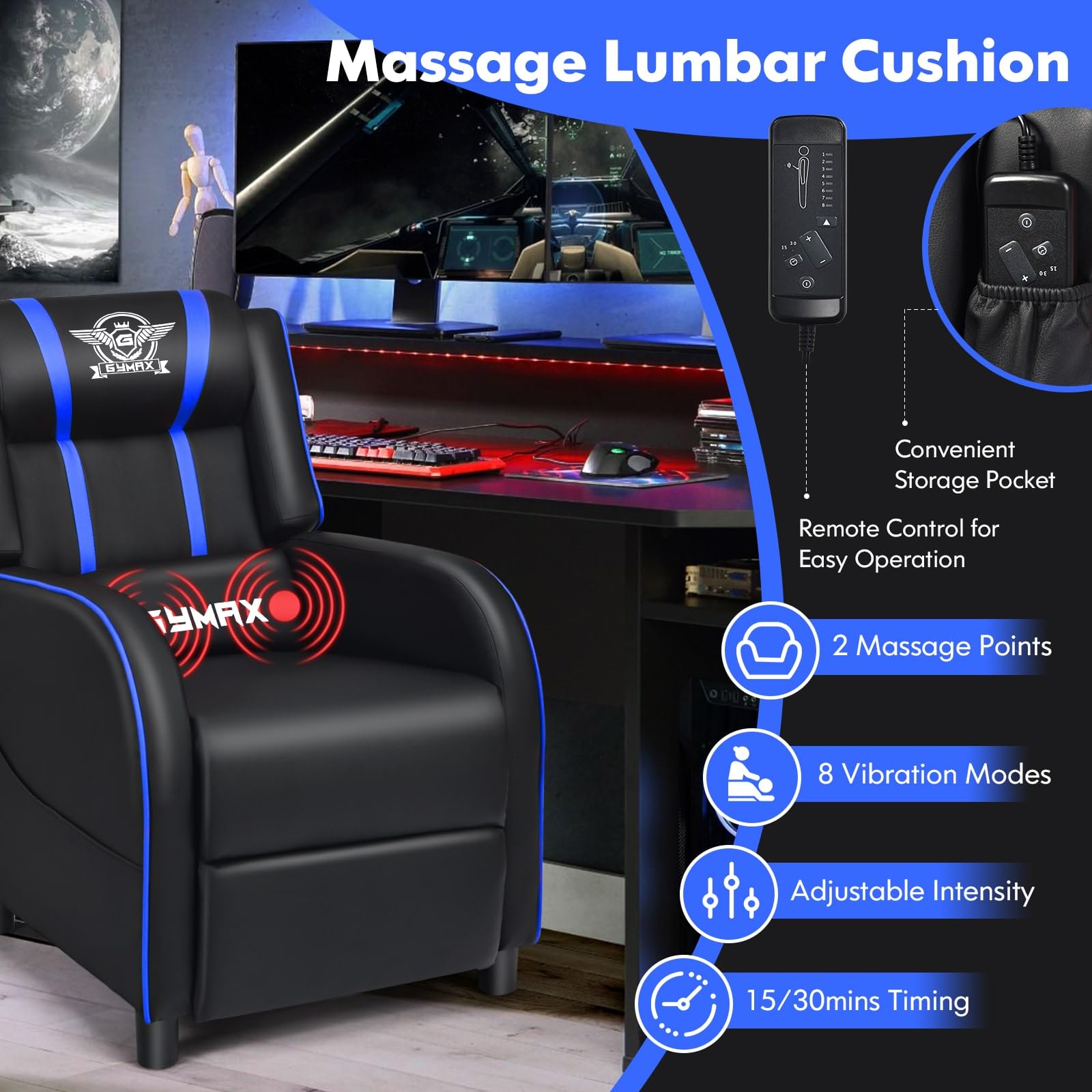Craques massage gaming recliner chair with lumbar cushion and remote control for adjustable vibration modes