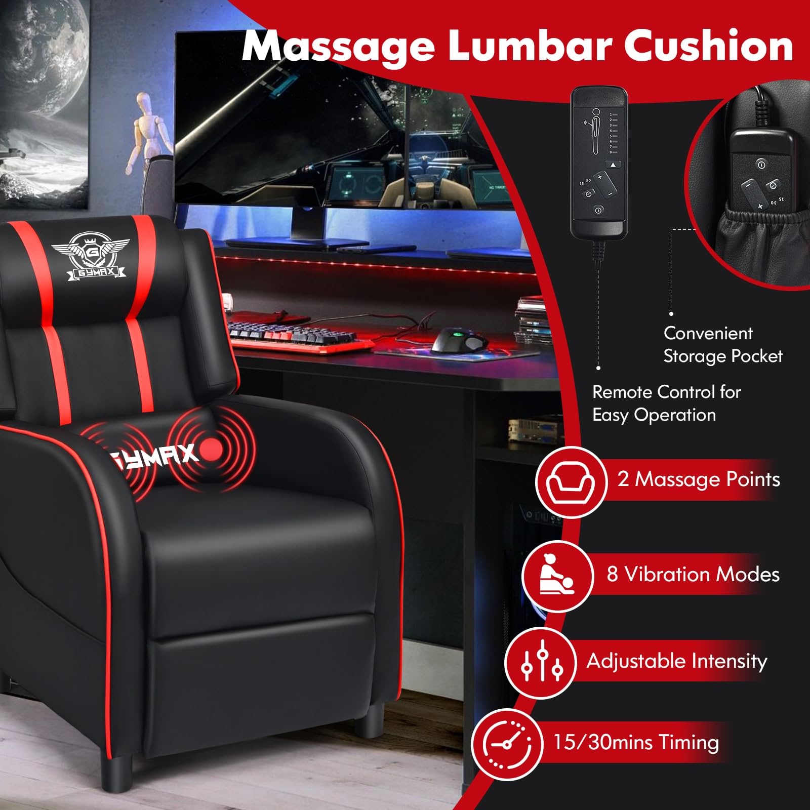 Black and red massage gaming recliner chair with massage lumbar cushion and remote control