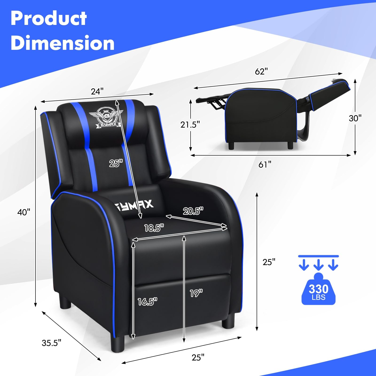 Craques massage gaming recliner chair in black with blue accents showing detailed product dimensions