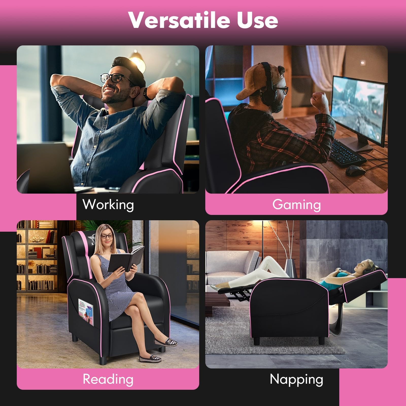 Versatile massage gaming recliner chair used for working, gaming, reading, and napping with black and pink design