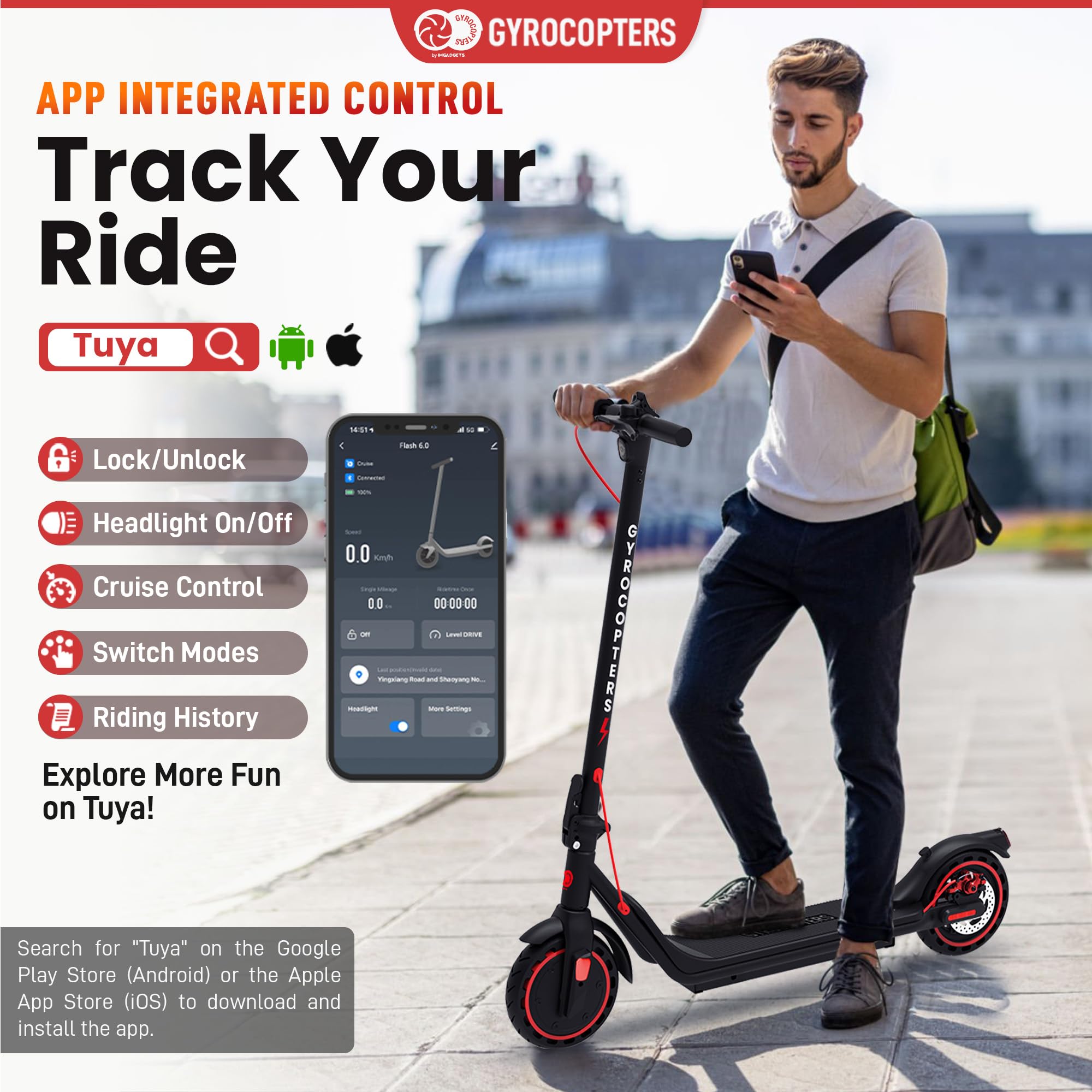 Man using app to control and track ride on electric scooter for adults by Craques with Gyrocopters branding