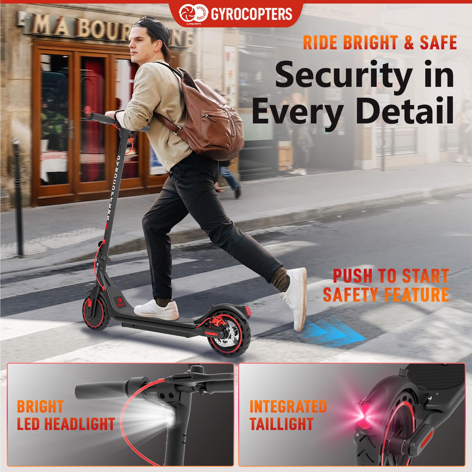 Man riding electric scooter for adults with bright LED headlight and integrated taillight for safety
