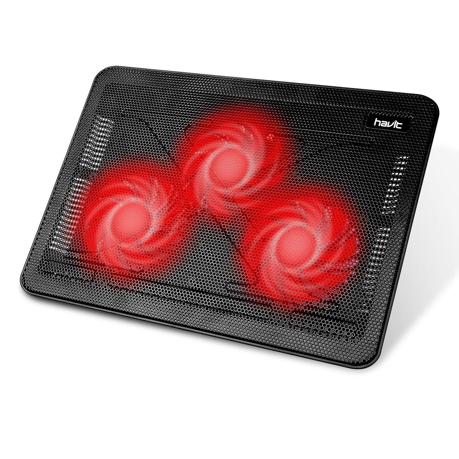 Havit laptop cooling pad with three red glowing fans and mesh surface for efficient cooling