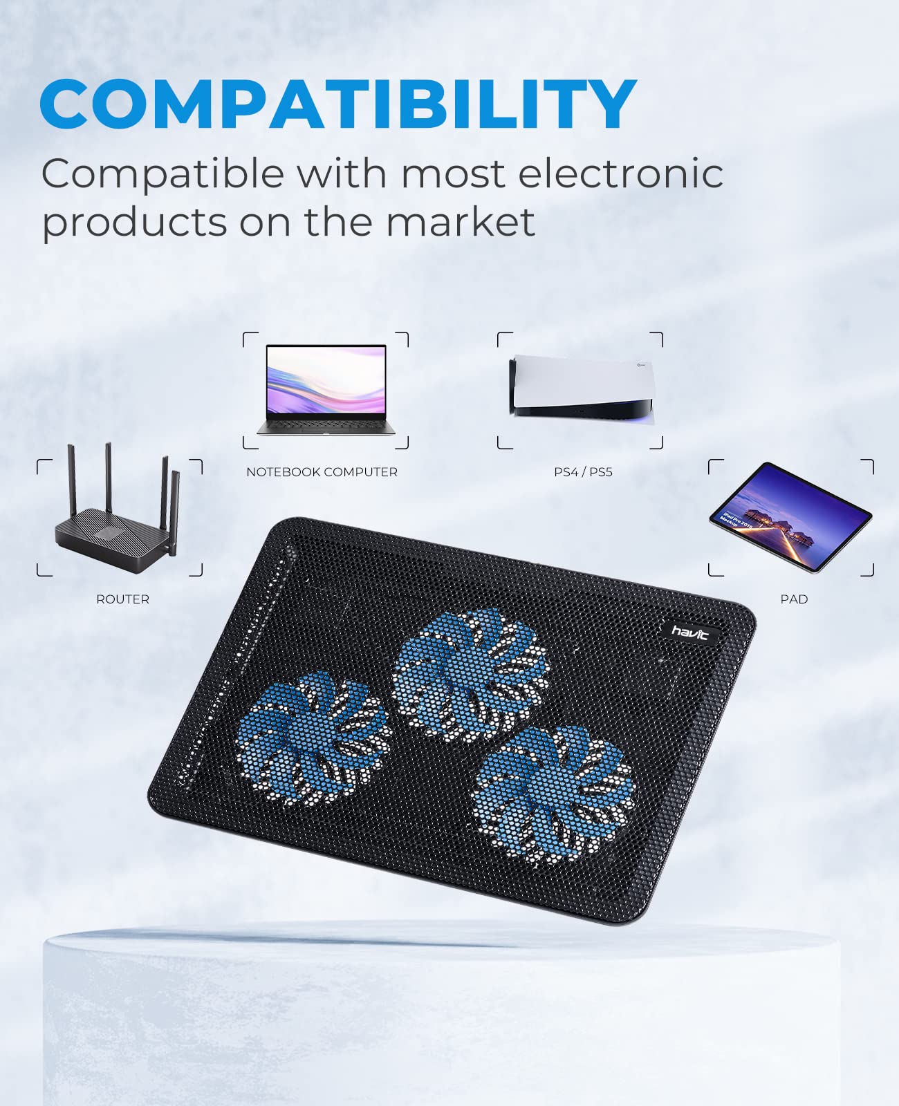 havit laptop cooling pad with three blue fans compatible with notebooks tablets routers and game consoles