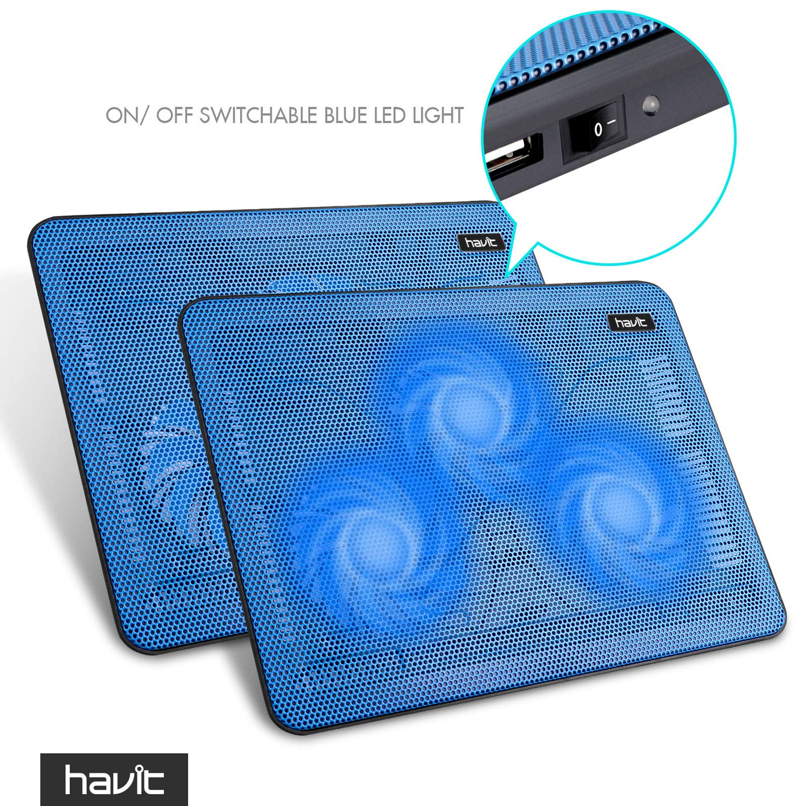Blue havit laptop cooling pad with three fans and on off switchable blue LED light