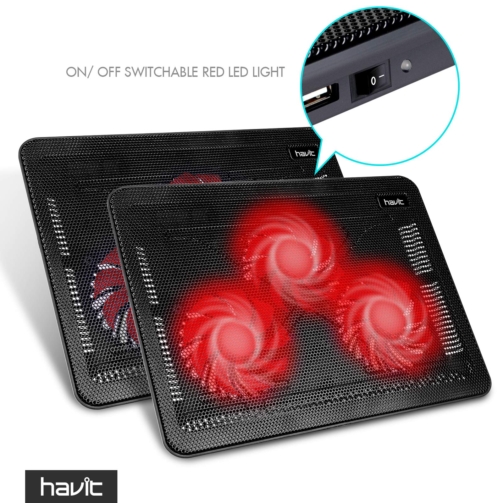 Havit laptop cooling pad with three red LED fans and on off switch for efficient cooling