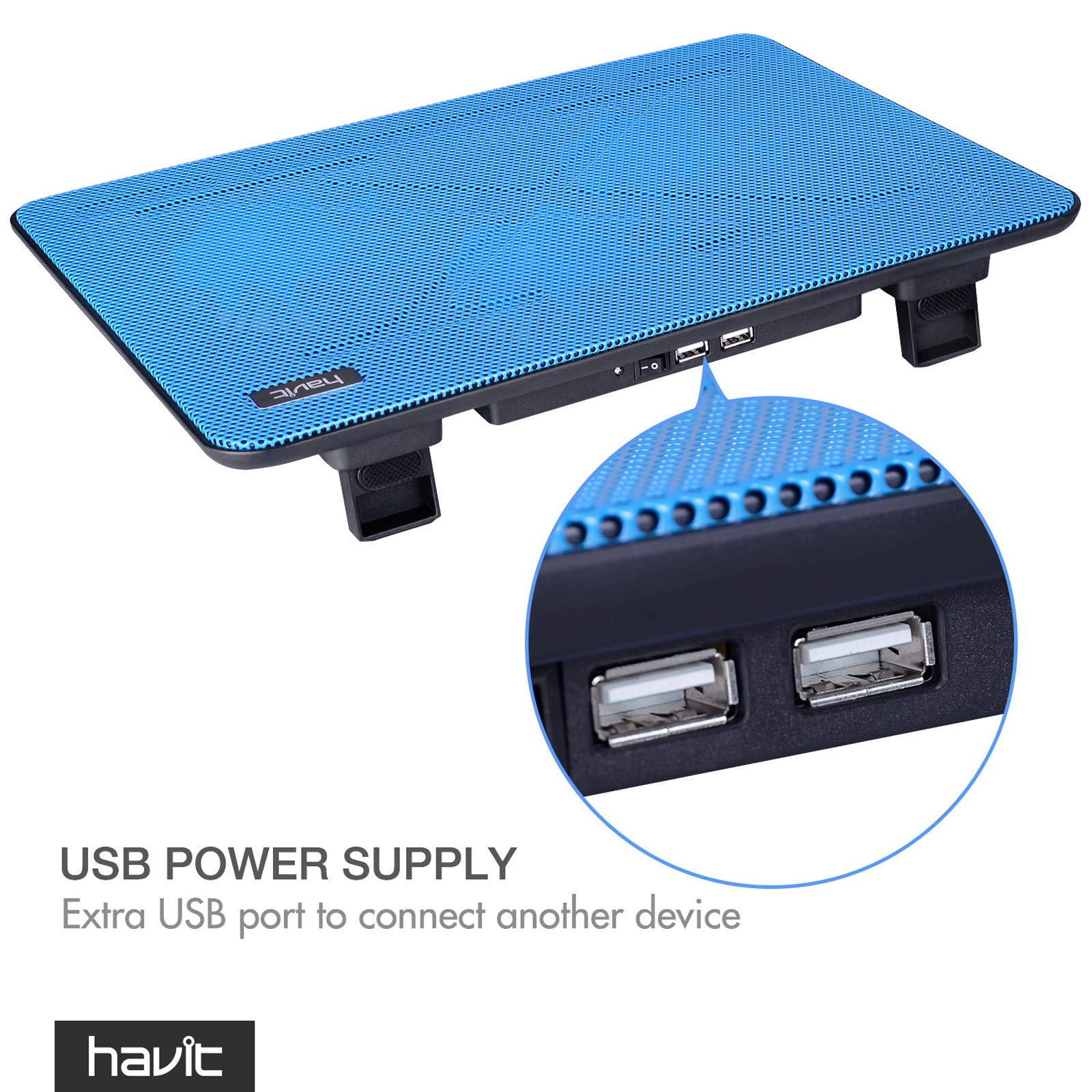 Blue havit laptop cooling pad with USB ports and adjustable stand for better airflow