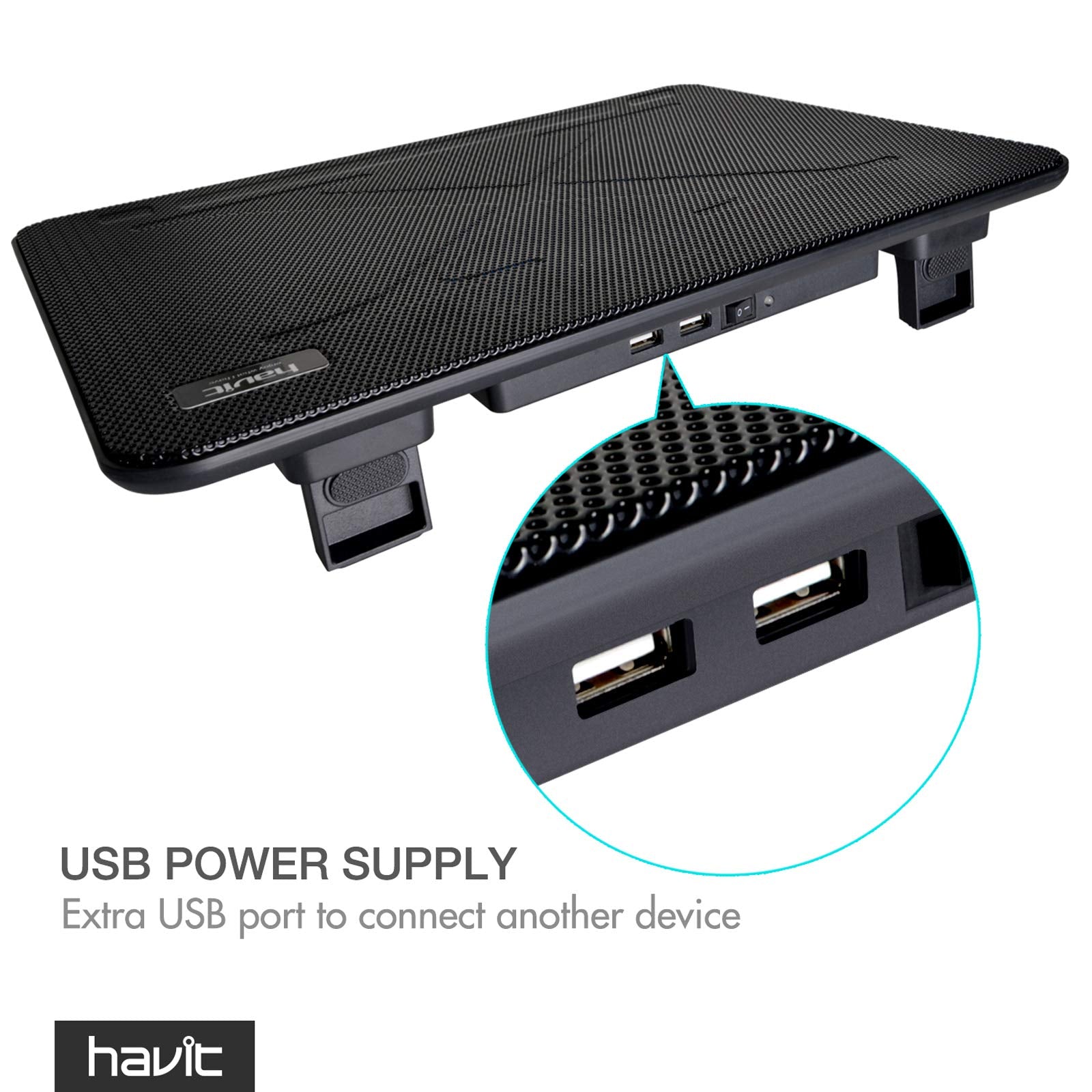 Black havit laptop cooling pad with USB power supply and extra USB ports for device connection