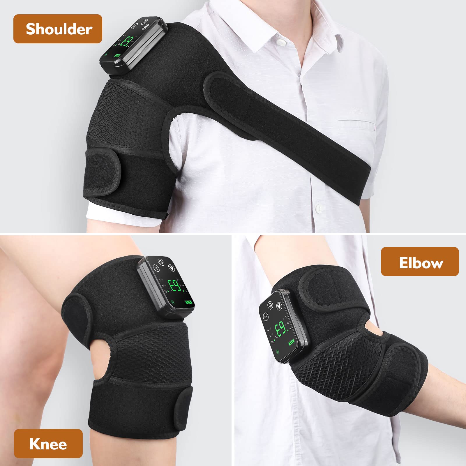 Black heated knee brace for pain relief worn on shoulder elbow and knee with digital control display