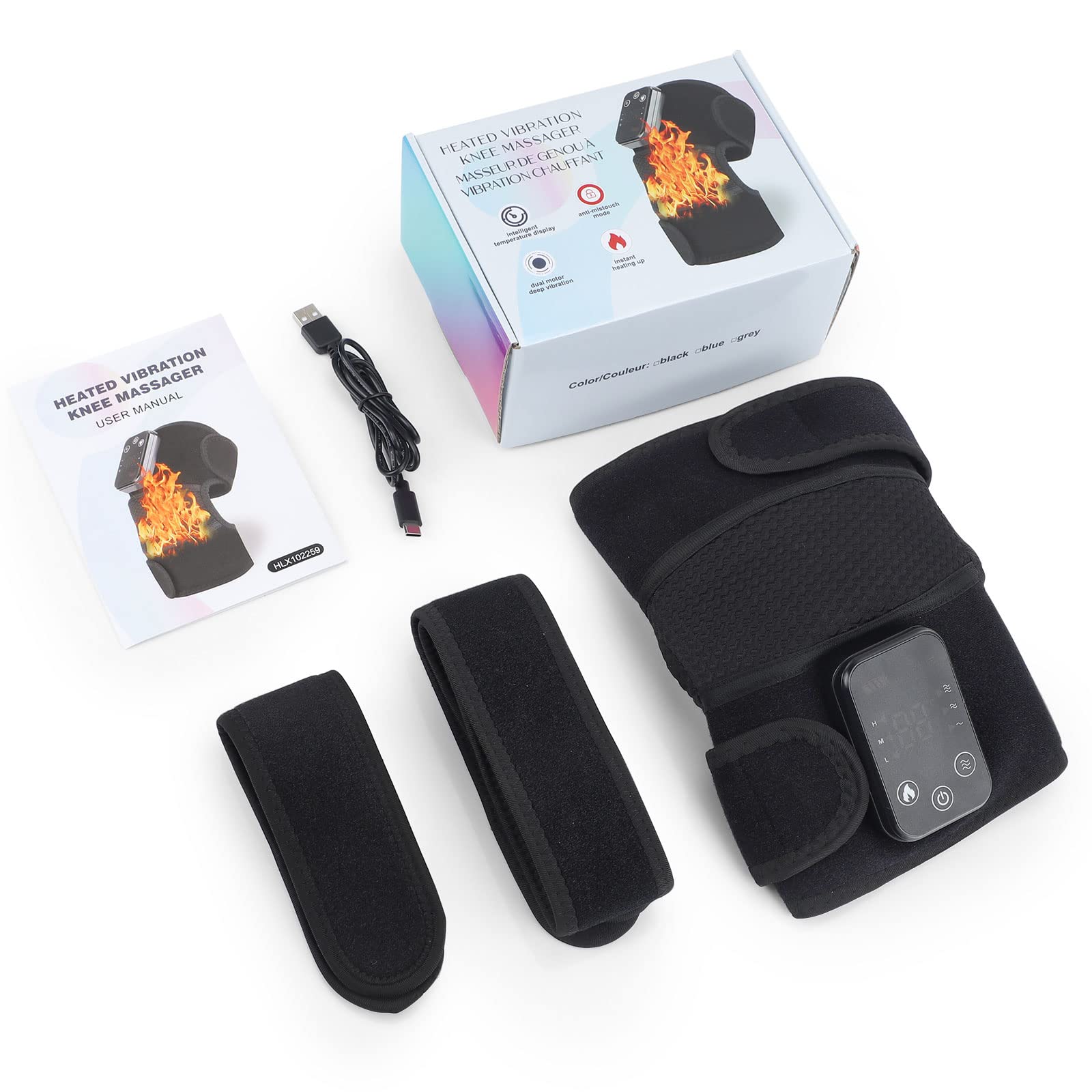 Heated knee brace for pain relief with vibration massage, adjustable straps, USB charging cable, and user manual
