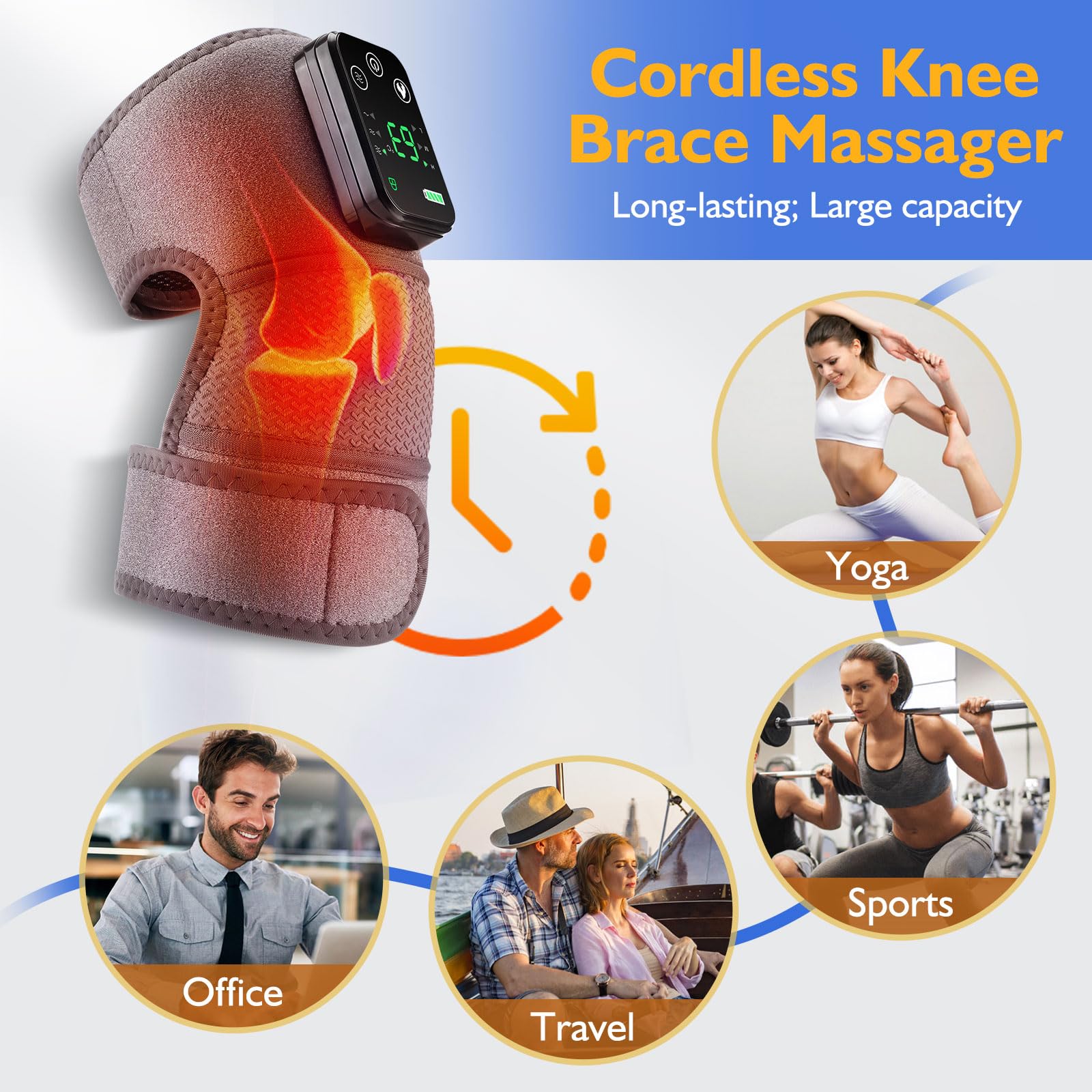 Cordless heated knee brace for pain relief with massage function for yoga sports office and travel use