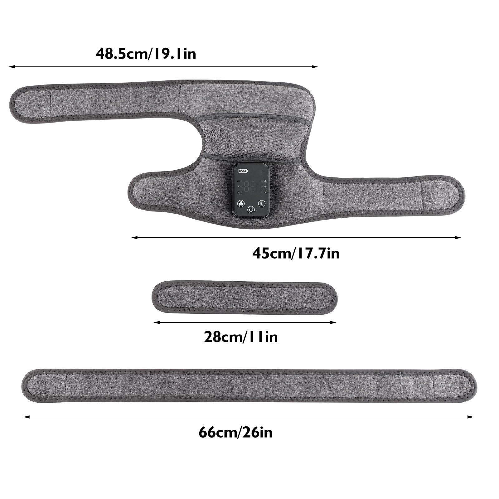 Craques heated knee brace for pain relief with adjustable straps and control panel shown with measurements