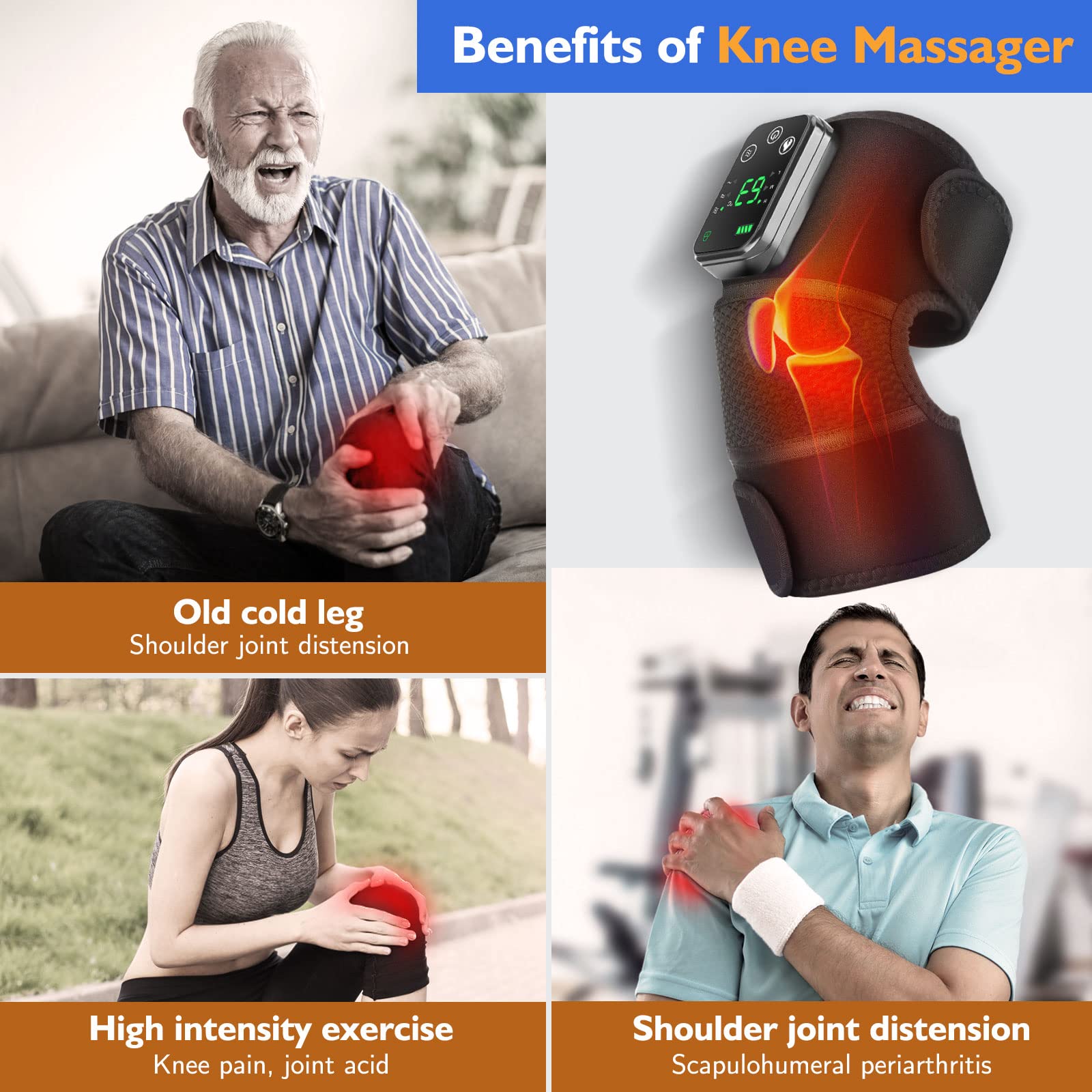 Heated knee brace for pain relief shown on elderly man with knee pain and knee massager device illustration