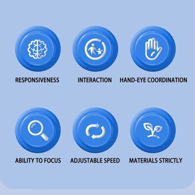 Icons showing features of kids reaction training game including responsiveness interaction and hand eye coordination