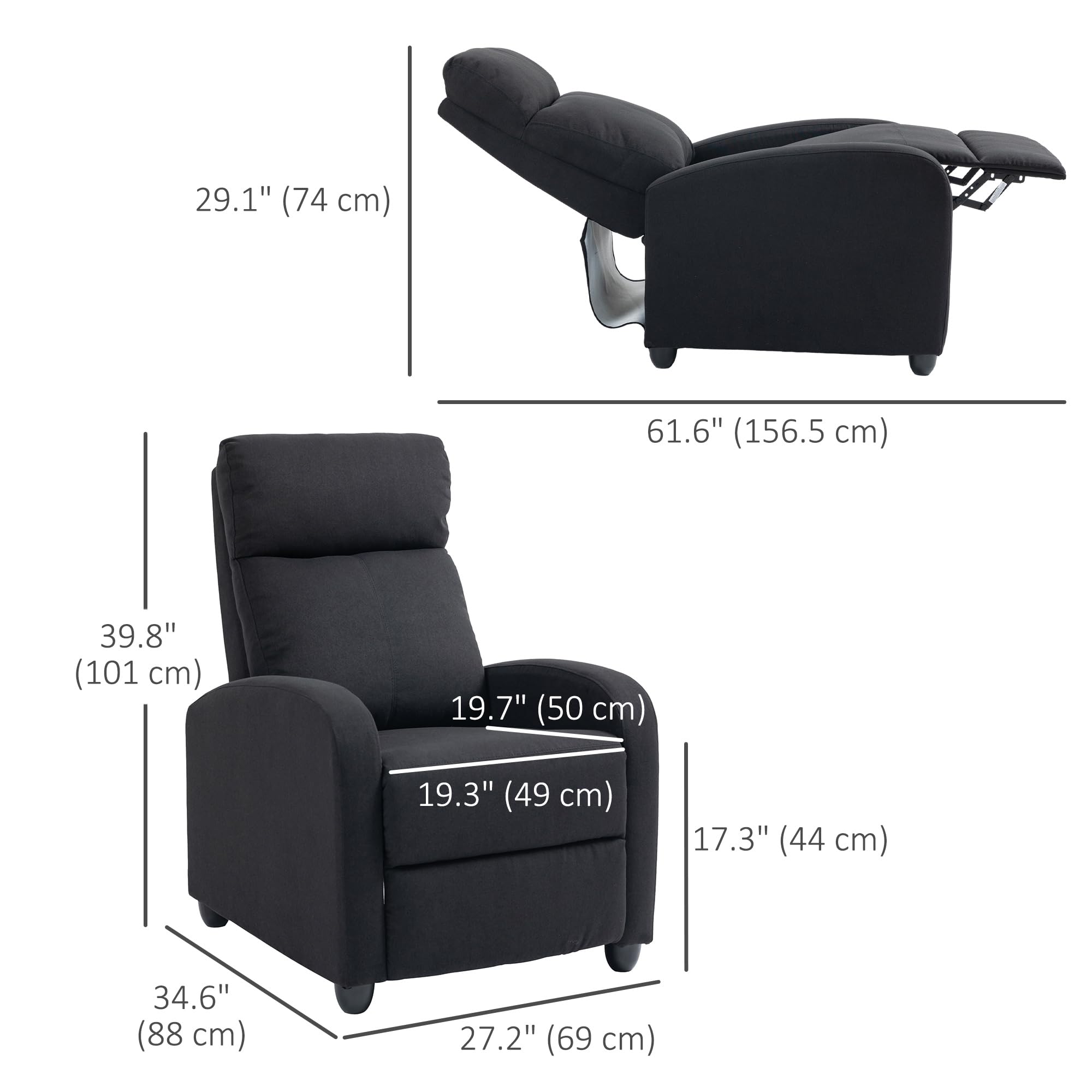 Black HOMCOM push back recliner chair showing dimensions in reclined and upright positions
