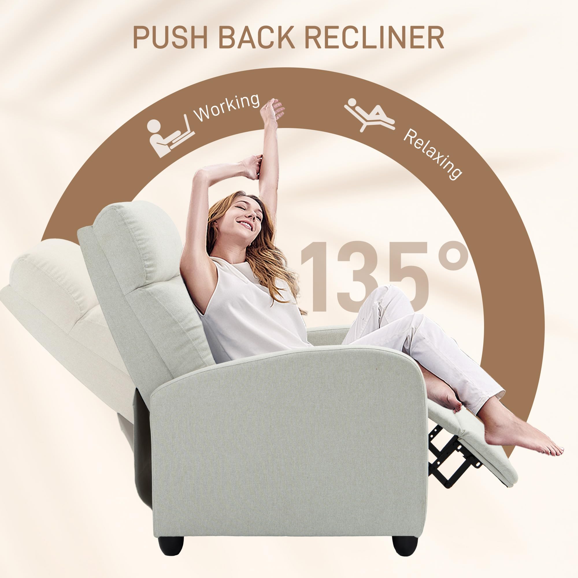 HOMCOM push back recliner chair in light gray fabric with reclining feature up to 135 degrees for working and relaxing