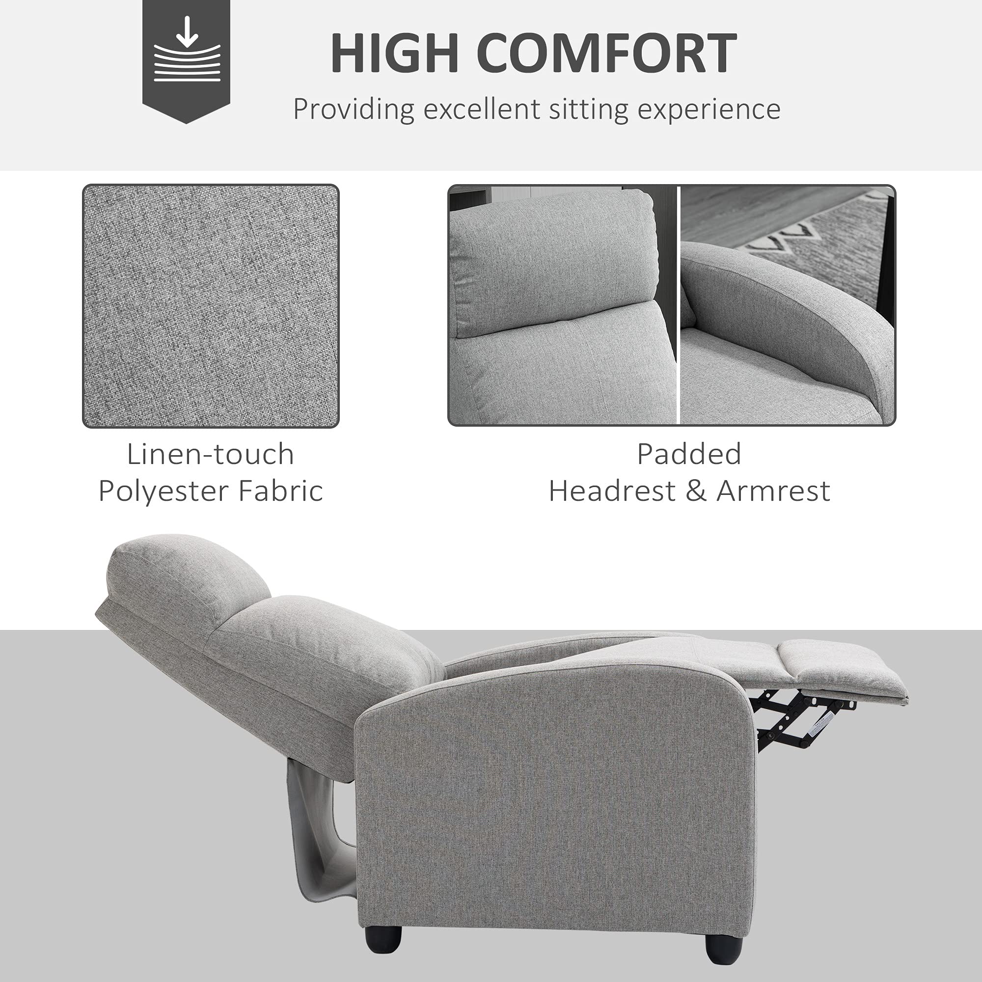 HOMCOM push back recliner chair in gray linen-touch polyester fabric with padded headrest and armrest