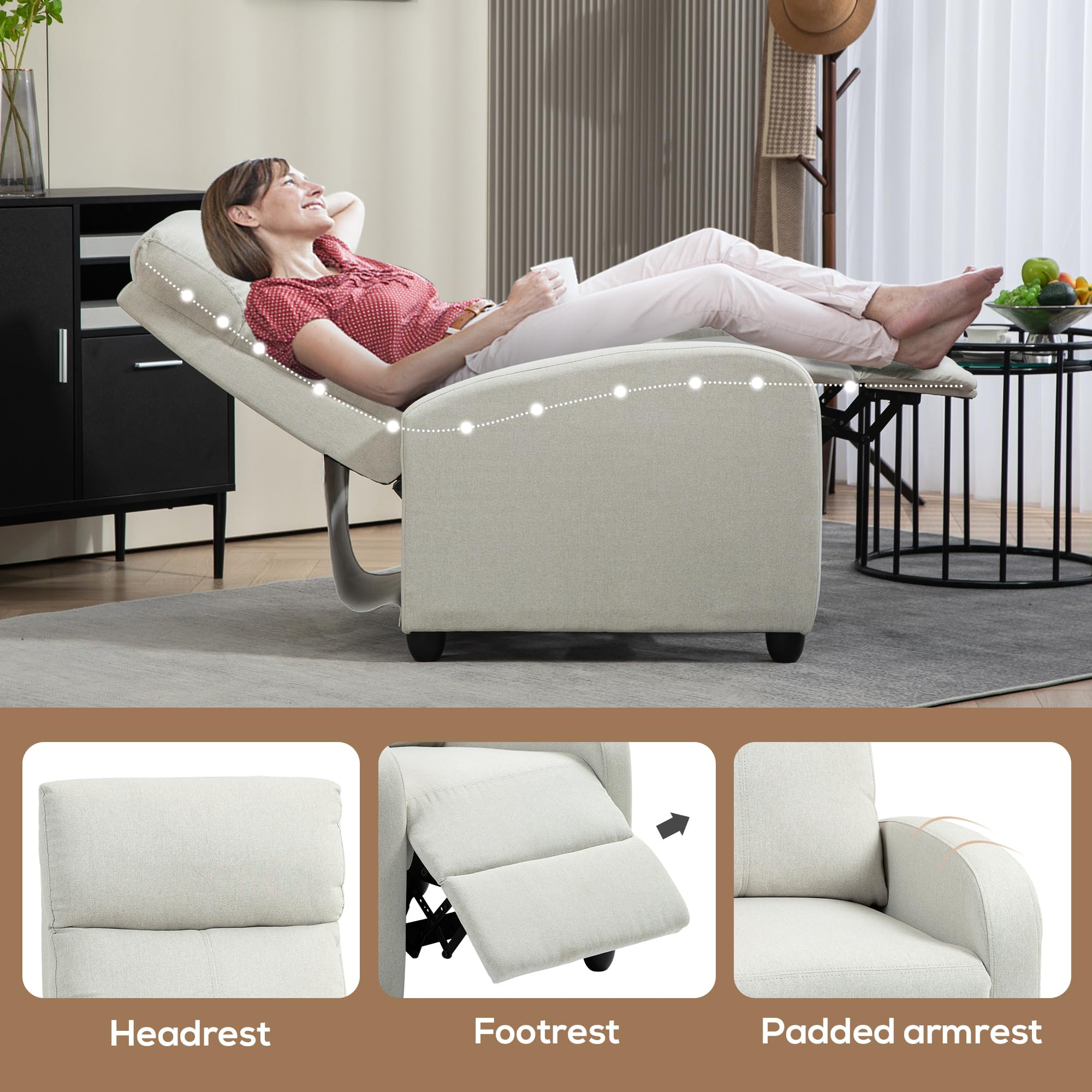 Woman reclining on beige HOMCOM push back recliner chair with padded armrest, footrest, and headrest features