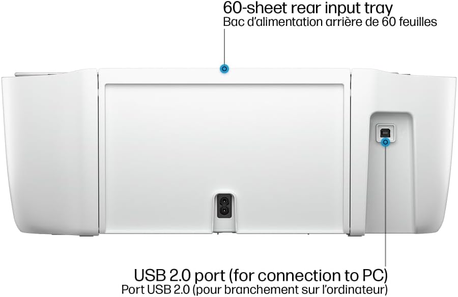 Back view of HP DeskJet 2855e wireless printer showing 60-sheet rear input tray and USB 2.0 port