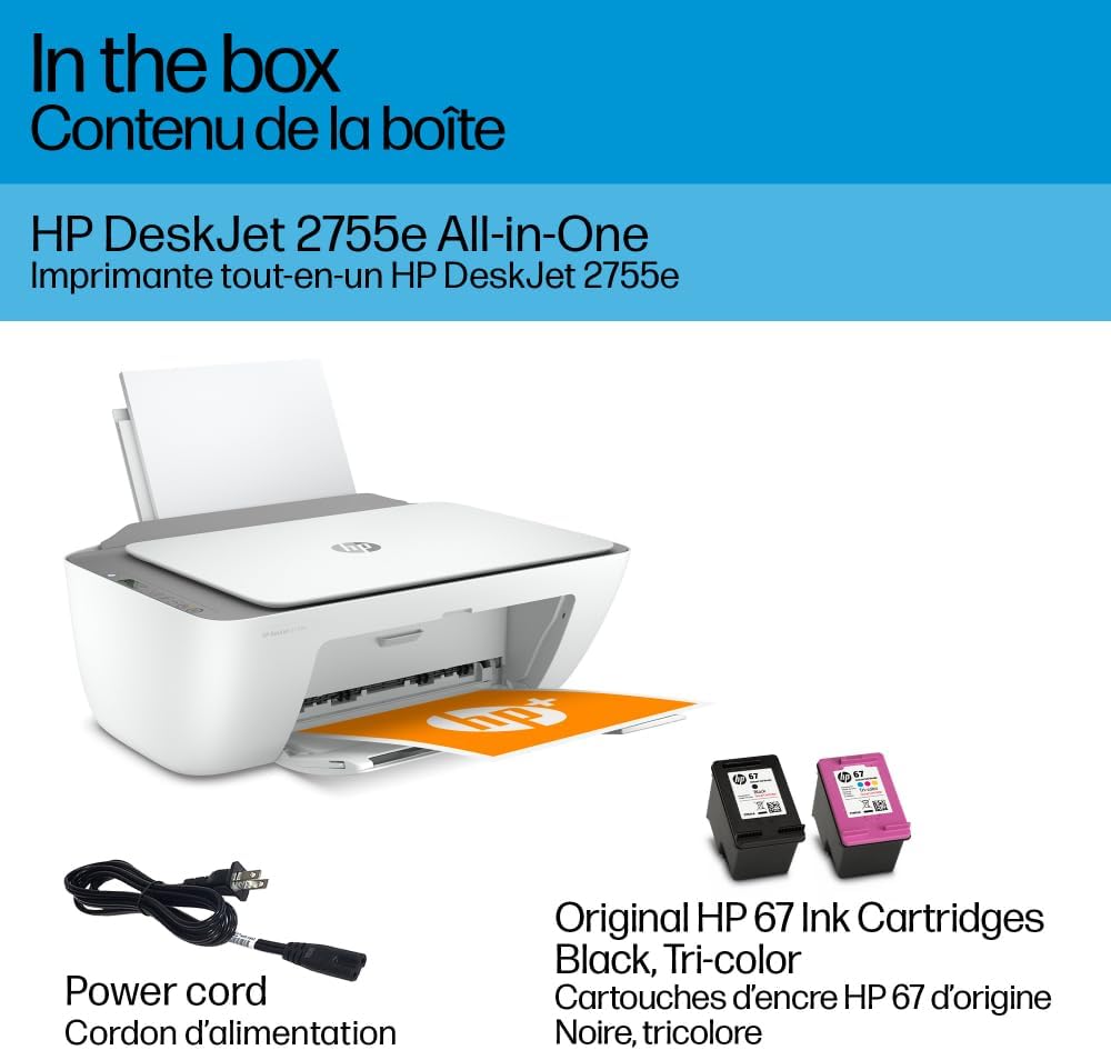 HP DeskJet 2755e All-in-One printer with power cord and original HP 67 ink cartridges shown in box contents