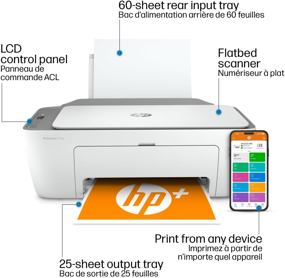 HP DeskJet 2855e wireless printer with 60-sheet rear input tray and flatbed scanner by craques