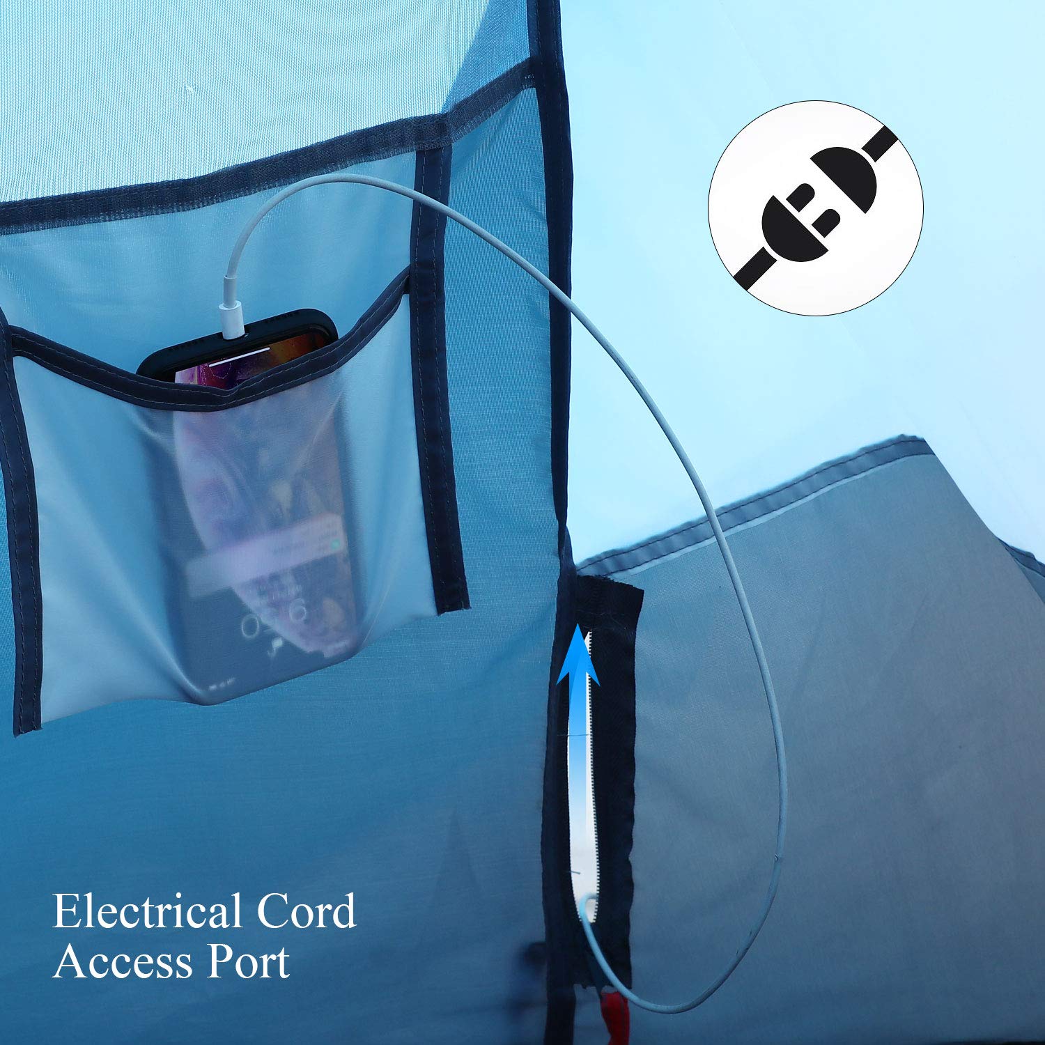Electrical cord access port inside blue 6 person pop up camping tent by craques