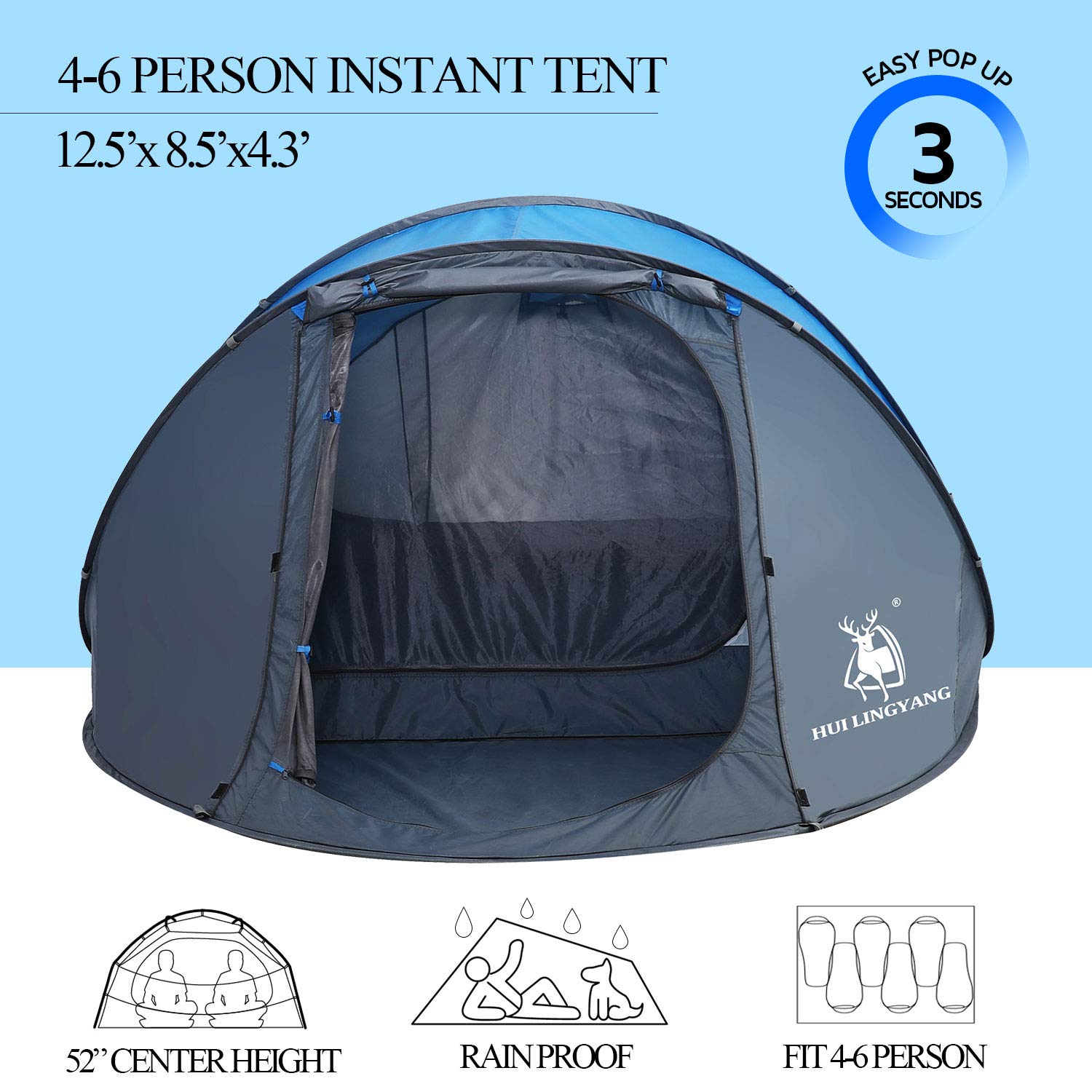 Craques 6 person pop up camping tent in dark gray with easy instant setup and rainproof design