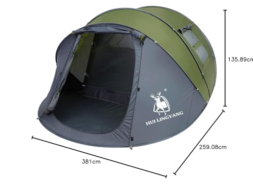Craques 6 person pop up camping tent in green and gray with dimensions shown and front entrance open