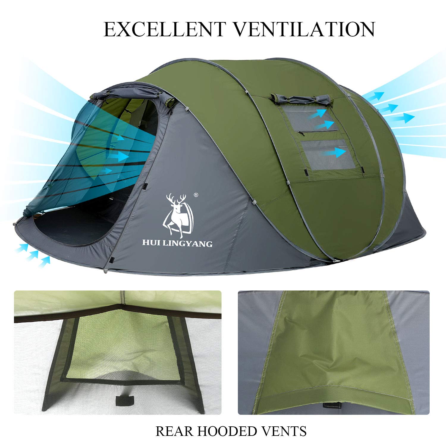 craques 6 person pop up camping tent in green and gray with excellent ventilation and rear hooded vents