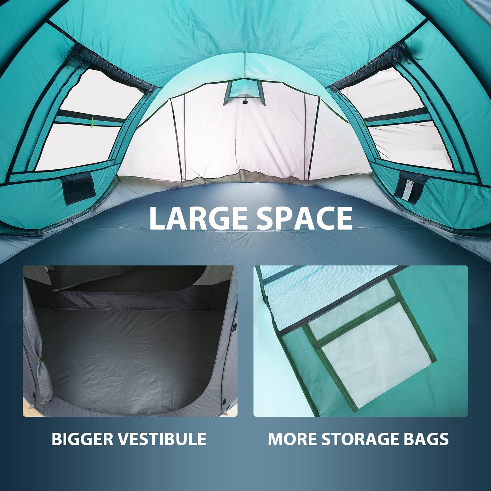 Interior view of craques 6 person pop up camping tent showing large space, bigger vestibule, and more storage bags