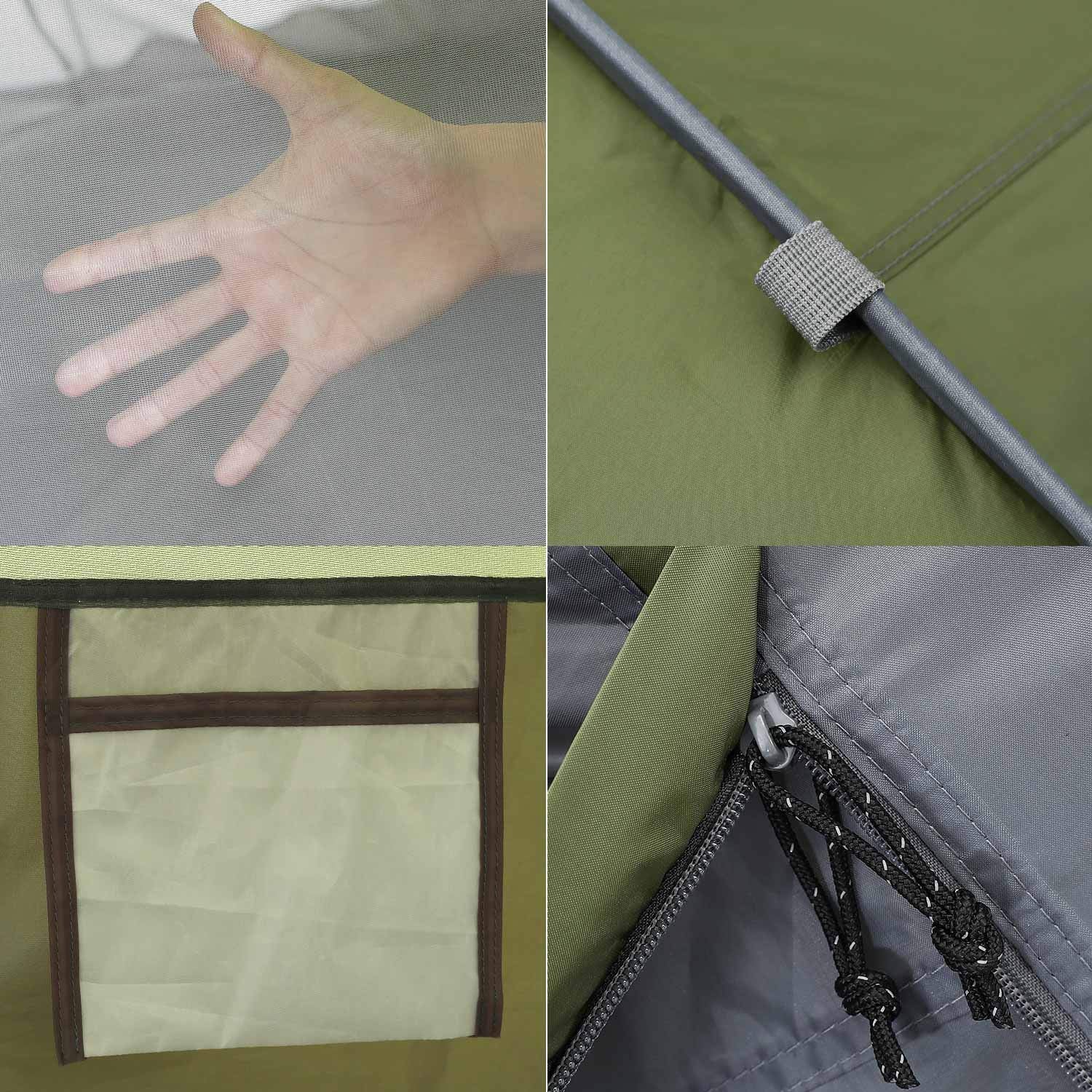 Close-up details of craques 6 person pop up camping tent showing mesh fabric, zipper, and tent pole attachments
