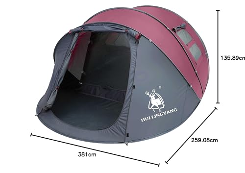Craques 6 person pop up camping tent in gray and maroon with measurements and spacious interior