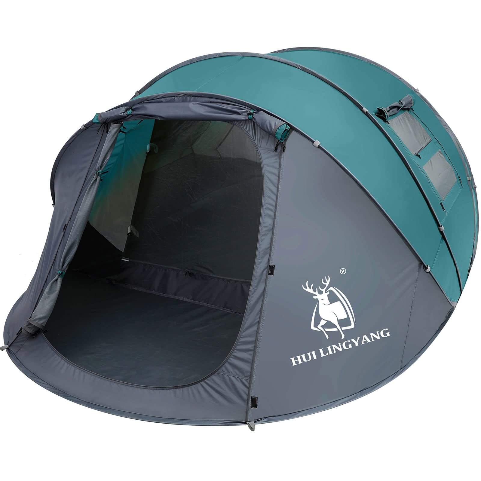 Craques 6 person pop up camping tent in gray and teal with large open entrance and mesh windows